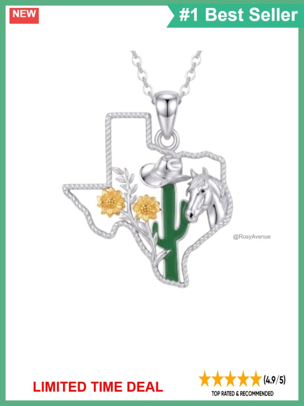 925 Sterling Silver Texas Necklace Western Cowgirl Pendant